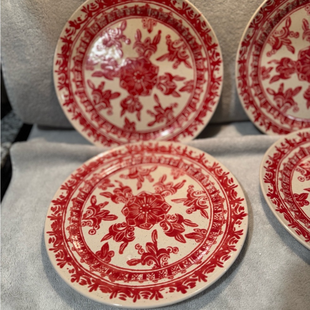 New Pottery Barn Zamora Glazed StonewarevDinner Plates, 10”D, Red/White- S/4 - Picture 4 of 8